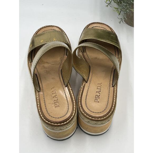 Prada Designer Gold Metallic Leather Espadrille Platform 2.5" Sandals Sz 39/8.5 - Picture 10 of 10
